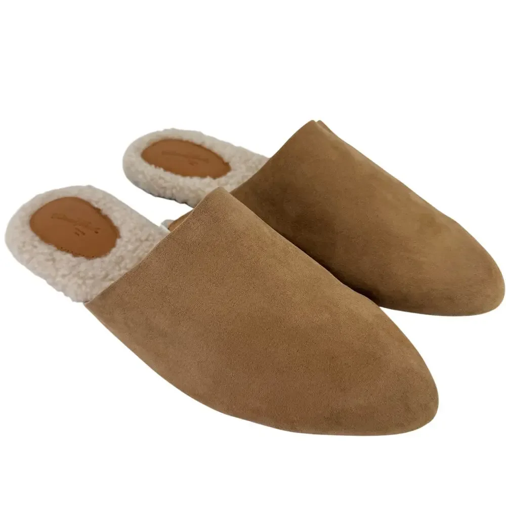 Universal Thread Tan Faux Suede Sherpa Mule Slippers Pointed Toe Womens Sz 8.5